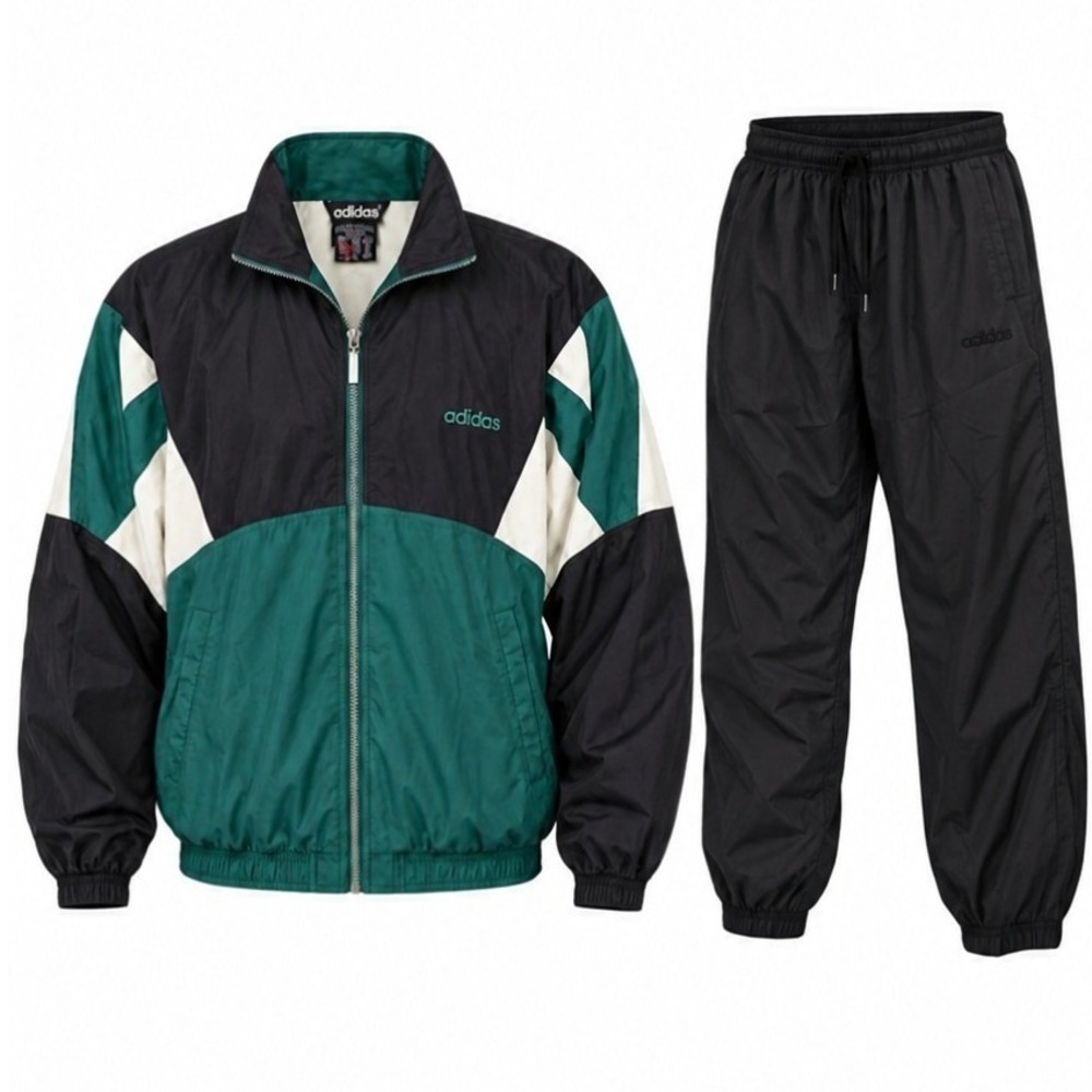 Vintage 90s Adidas Tracksuit L Nylon Colorblock Jacket Pants Green Black Retro